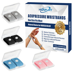 Hionfurt motion sickness bands on packaging show portable, drug-free nausea relief for travel.