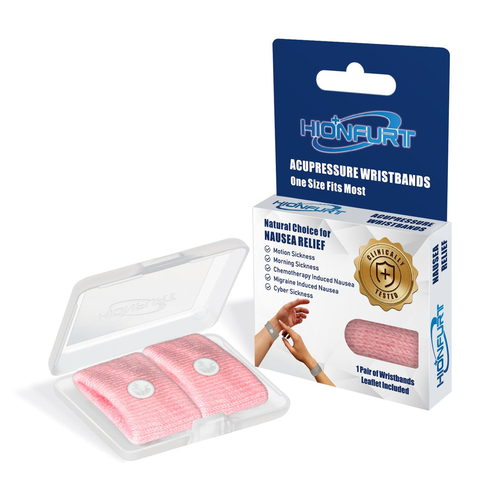 Hionfurt motion sickness bands pink product shot showing a drug-free nausea relief option