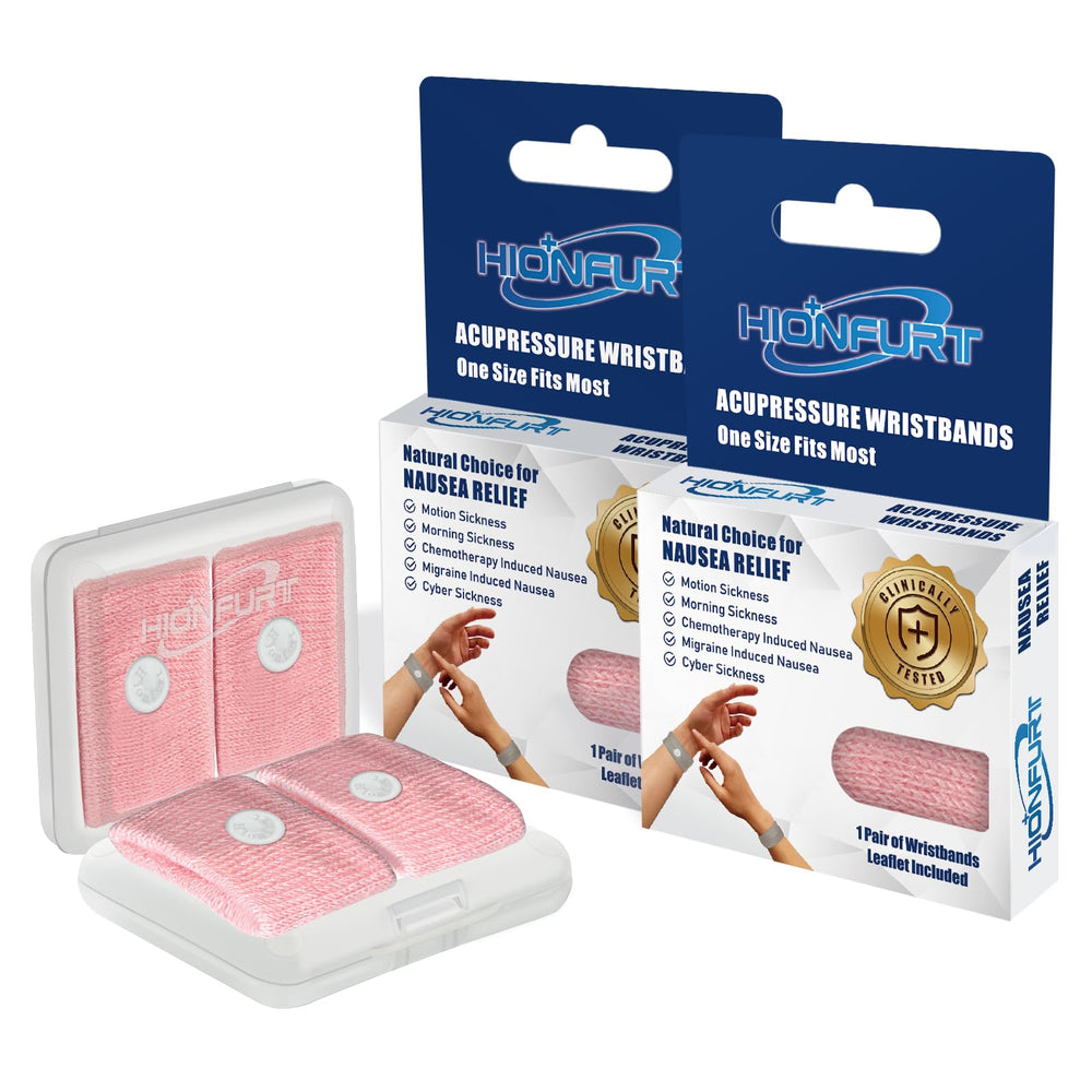 Hionfurt motion sickness bands in pink worn on the wrist for travel nausea relief.
