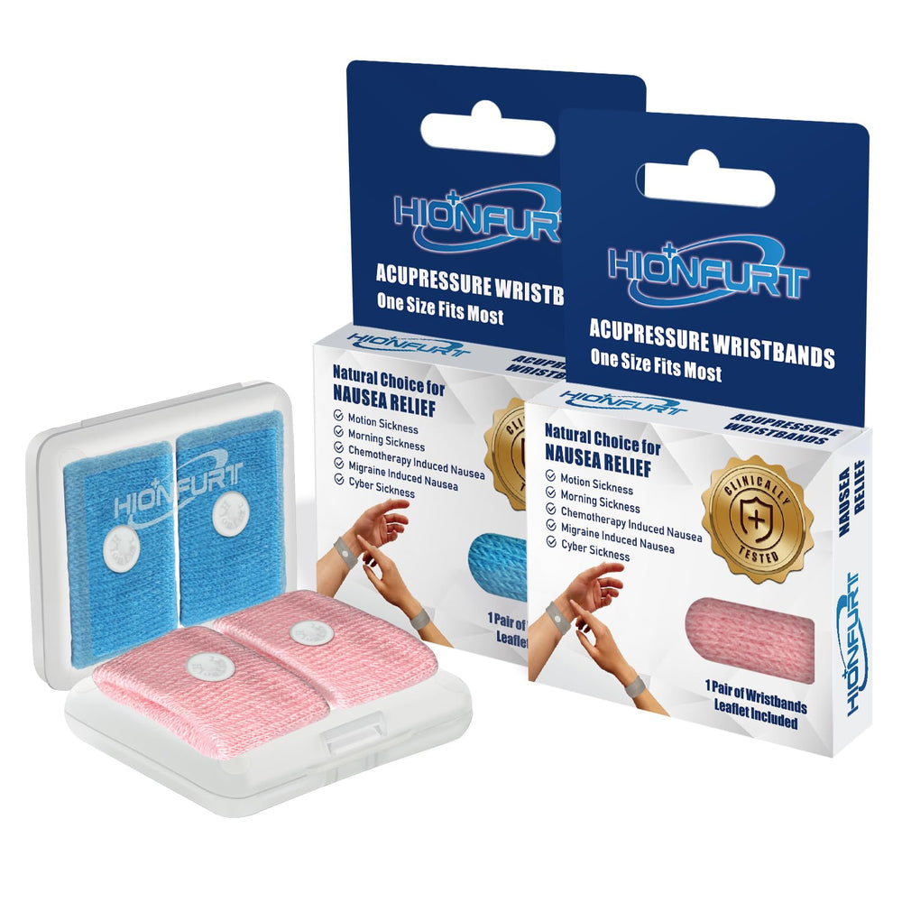 Hionfurt Motion Sickness Bands kit with two color pairs for on-the-go nausea relief