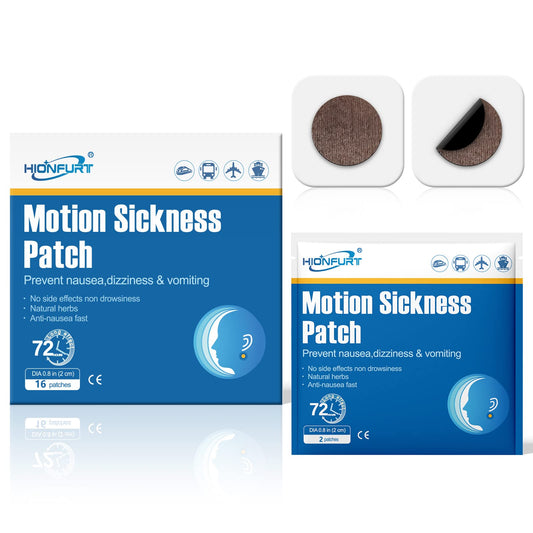 Hionfurt motion sickness patches pack-front demonstrates travel-ready packaging for convenient on-the-go relief.