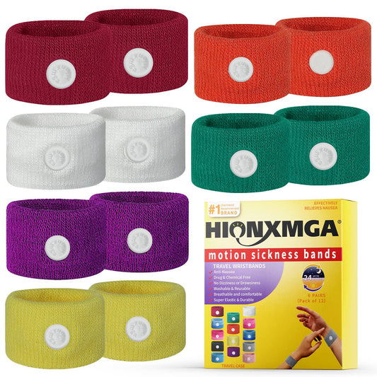 HIONXMGA motion sickness bands 6-pack in box for easy travel-ready relief.