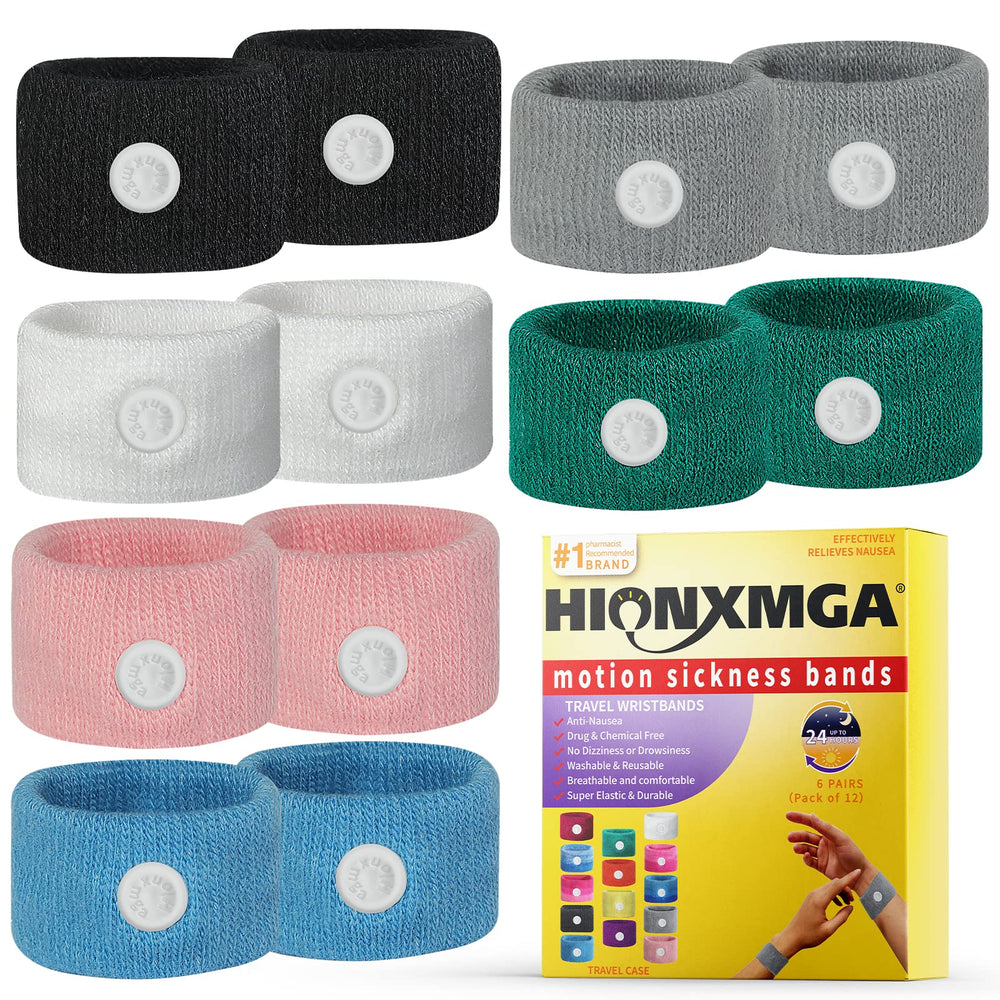 HIONXMGA motion sickness bands wrist closeup showing comfortable acupressure fit for nausea relief