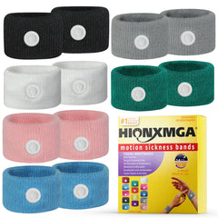 HIONXMGA motion sickness bands wrist closeup showing comfortable acupressure fit for nausea relief