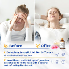 Close-up of HIQILI Geranium Essential Oil bottle