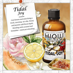 Close-up of HIQILI Tidal Joy fragrance oil bottle with dropper