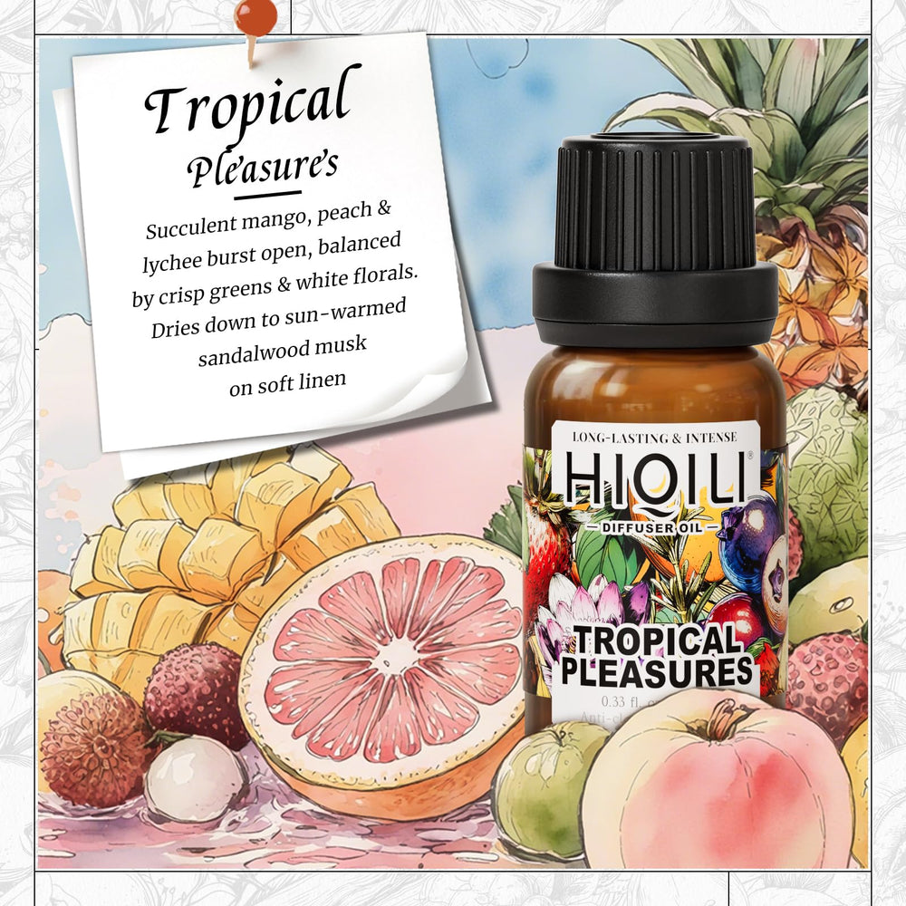 Close-up of HIQILI Tropical Pleasures label on the diffuser oil bottle