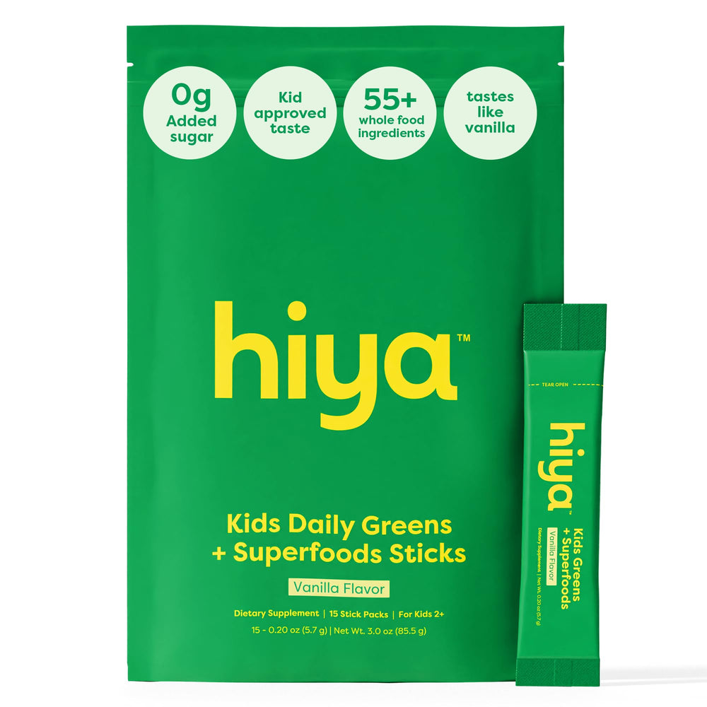 Hiya Kids Greens Powder Sticks vanilla flavor packaging close-up