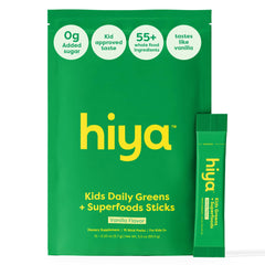Hiya Kids Greens Powder Sticks vanilla flavor packaging close-up