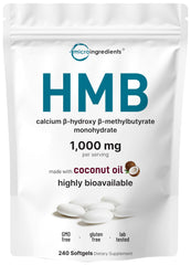 Front view of HMB 1,000mg softgels in coconut oil formula