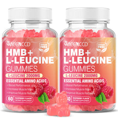 Front view of two-pack HMB + L-Leucine Raspberry gummies bottle