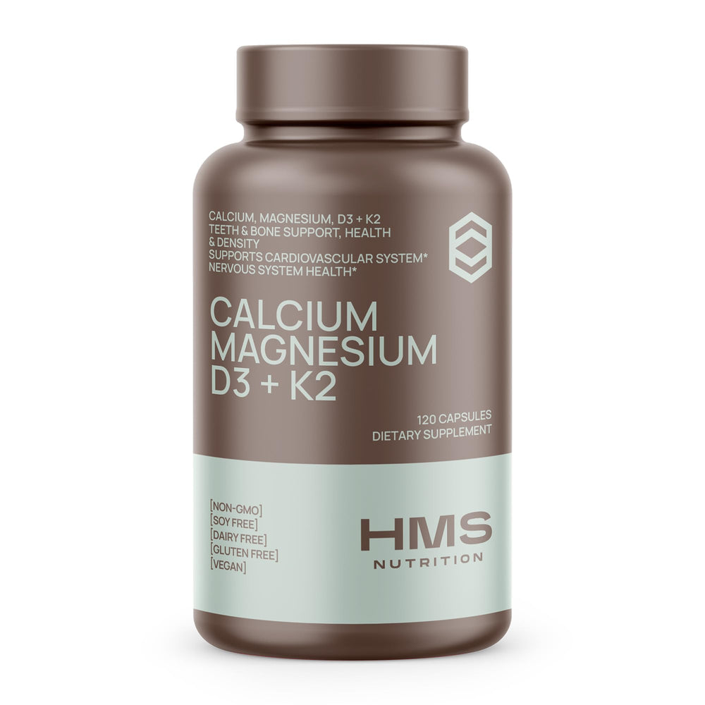 Front view of HMS Nutrition Calcium Magnesium D3 K2 bottle
