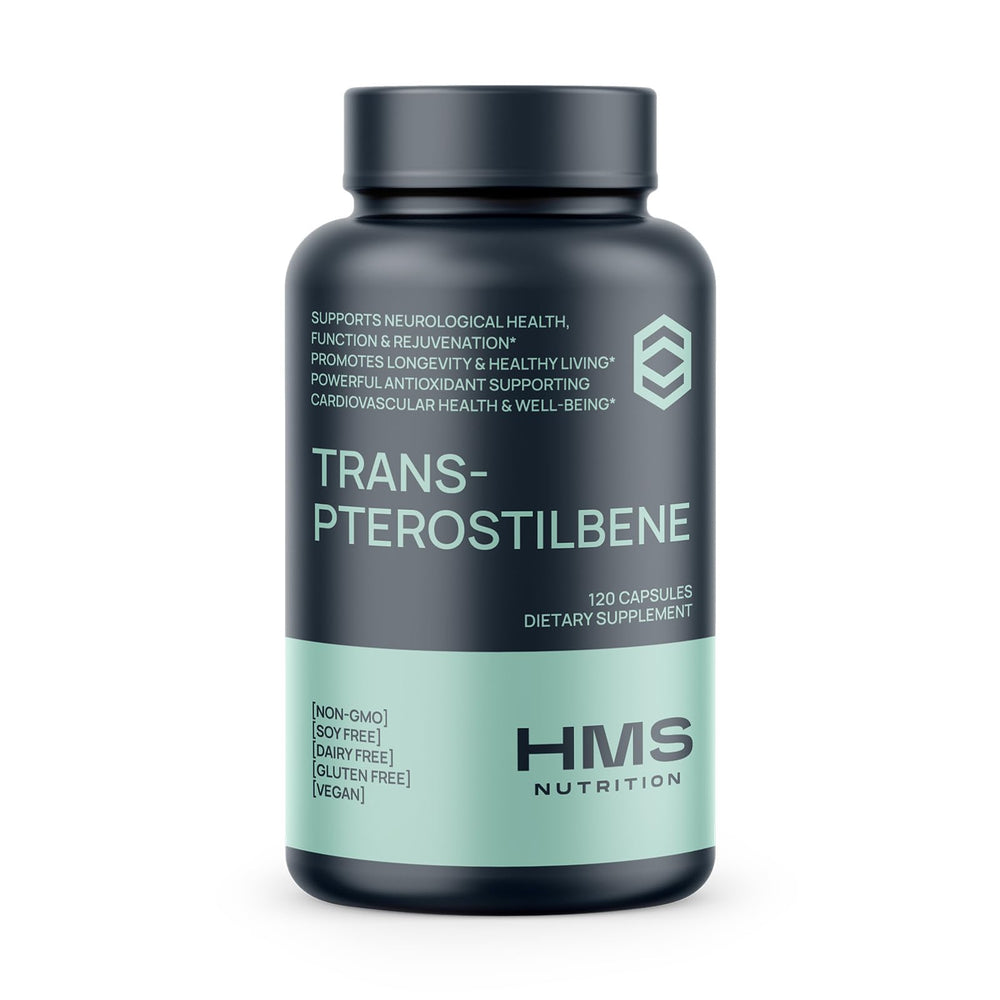 HMS Nutrition Potent Trans-Pterostilbene 200mg bottle with 120 vegan capsules