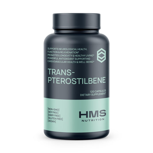 HMS Nutrition Potent Trans-Pterostilbene 200mg bottle with 120 vegan capsules