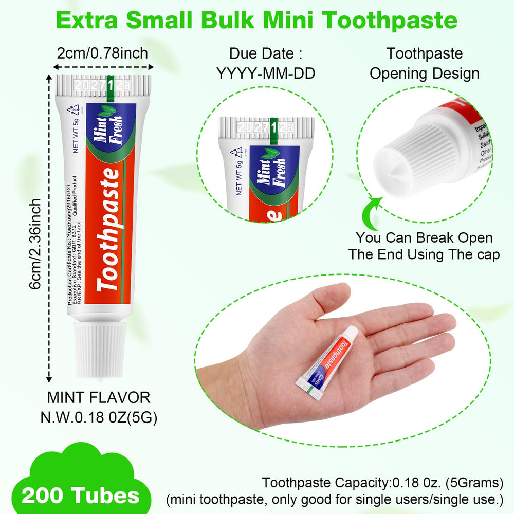 Close-up of mini travel toothpaste tubes, 0.18 oz each