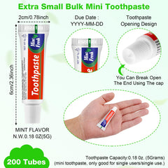 Close-up of mini travel toothpaste tubes, 0.18 oz each