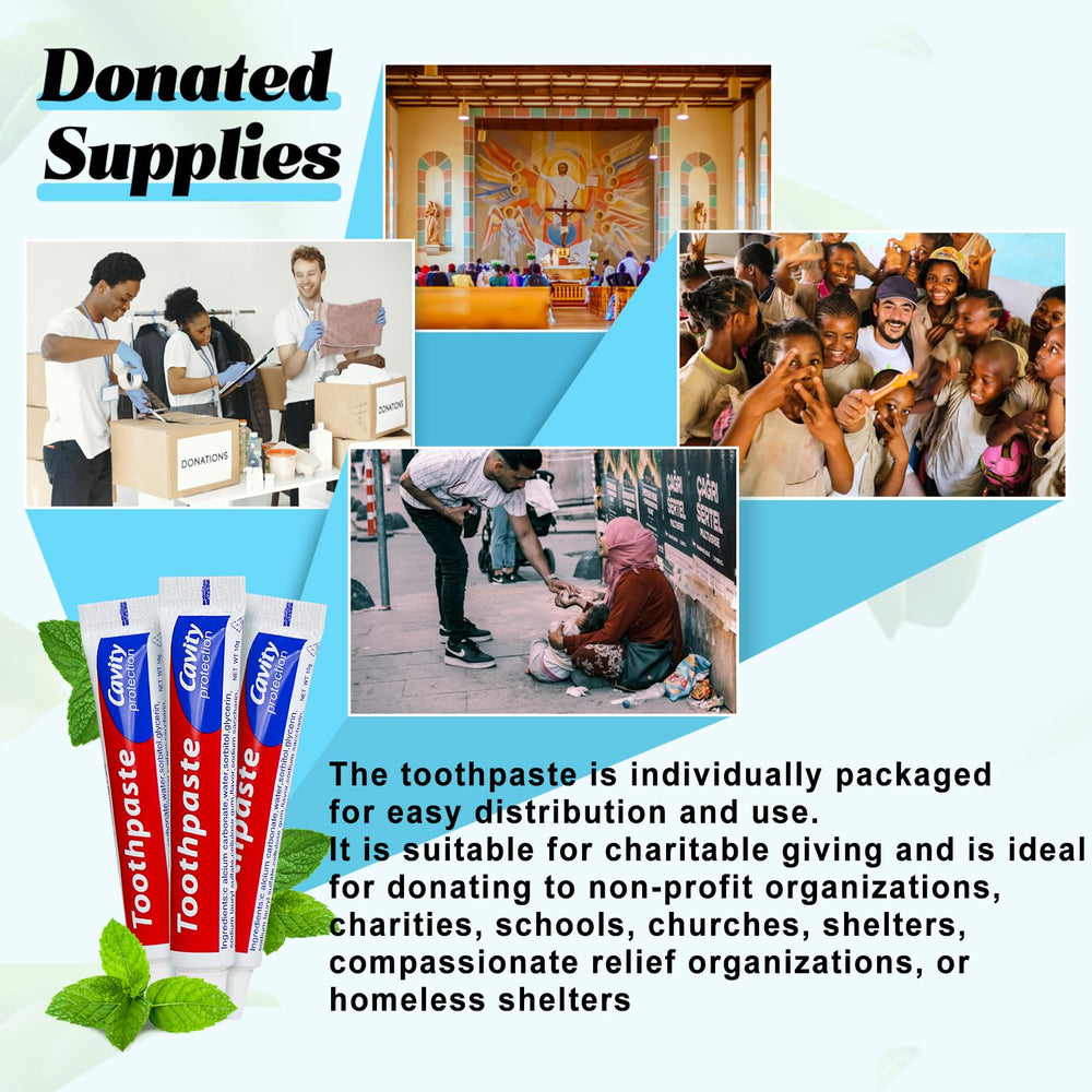 Disposable toothpaste ideal for donations to shelters and charities