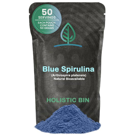 Front label of HOLISTIC BIN Blue Spirulina Powder 50g