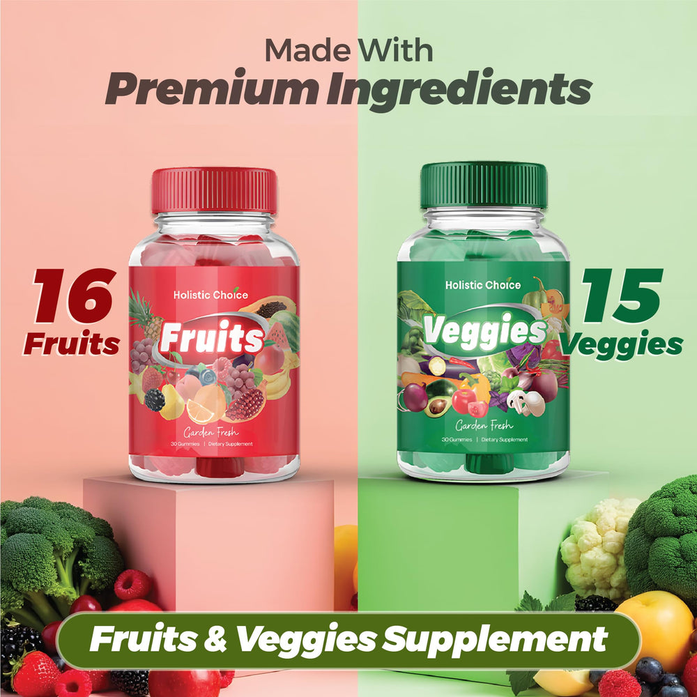 Close-up of Holistic Choice veggie gummies with carrot and broccoli flavors