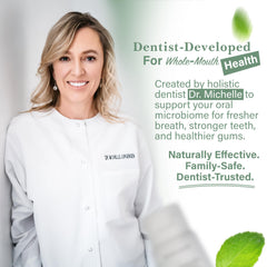 Label indicating dentist-approved formula by holistic Dr. Michelle Jorgensen
