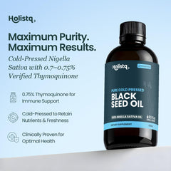 Holistiq black cumin seed oil label showing organic and non-GMO ingredients