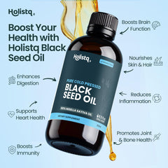 Holistiq black cumin seed oil liquid being poured