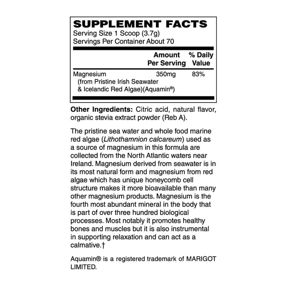 Ingredients: magnesium derived from seawater and Lithothamnion calcareum (red algae)