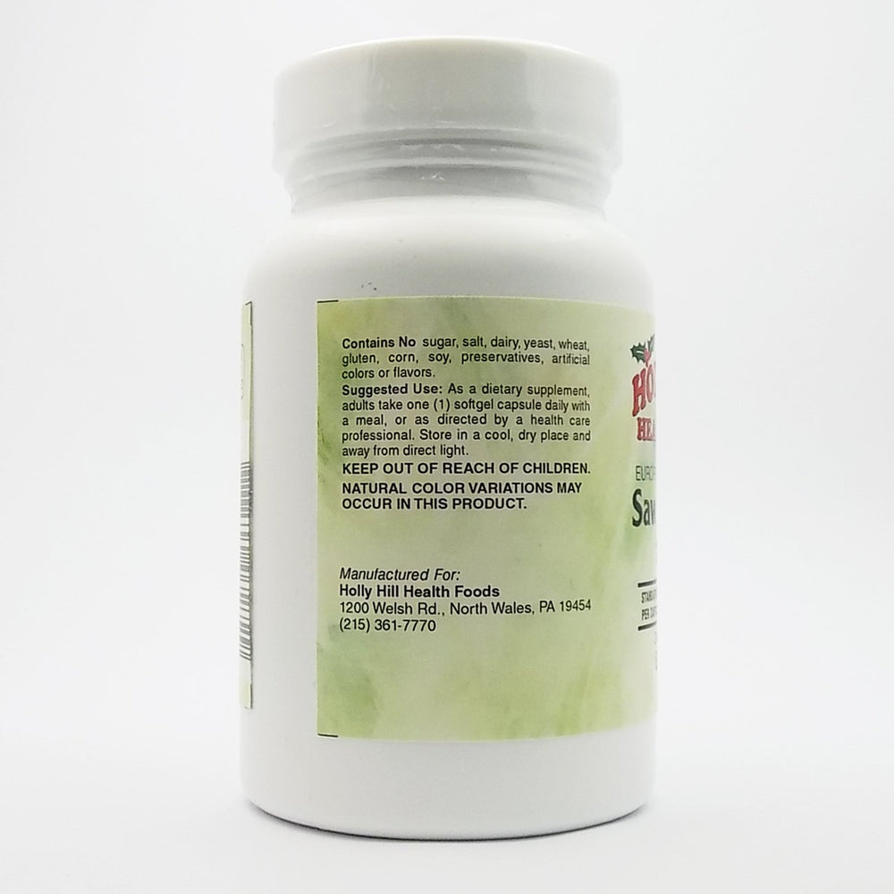 Close-up of saw palmetto 320 mg softgel capsules