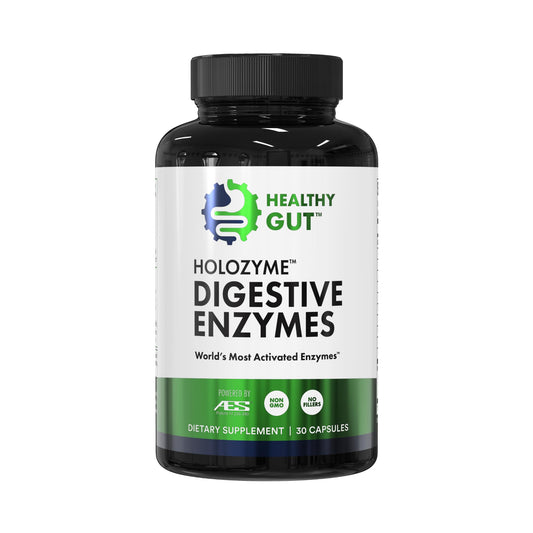 Front view of Healthy Gut HoloZyme Max Strength digestive enzyme bottle