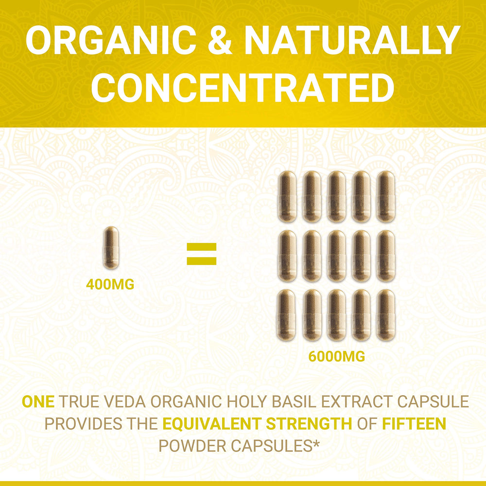 Close-up of Holy Basil capsules showing 15:1 extract