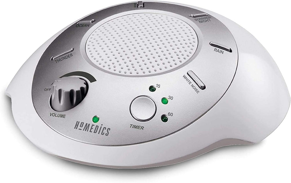 Homedics SoundSleep white noise machine silver front view for improved sleep ambiance.