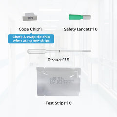 Close-up of HOMEDSUN test strips with code chip and lancets for HSLPM-102