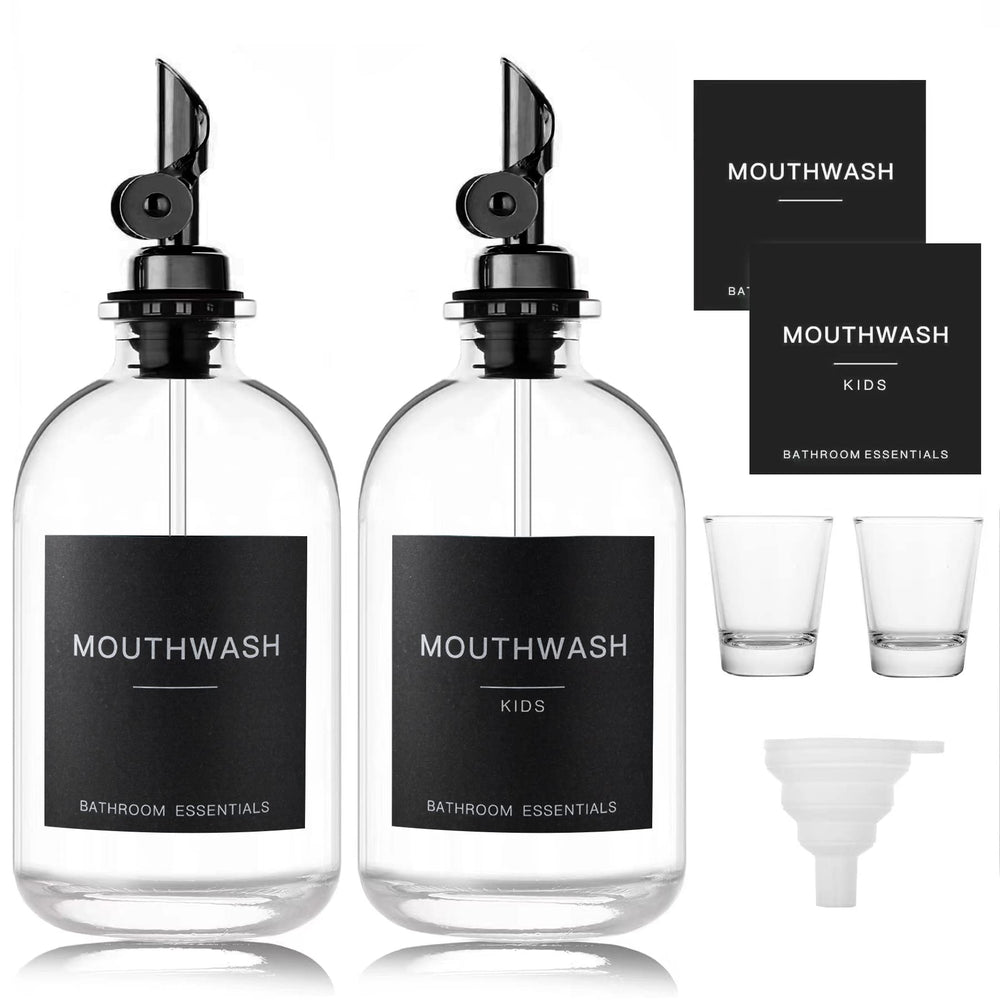 HomeFeel black glass mouthwash dispenser with cups, two-pack, front view
