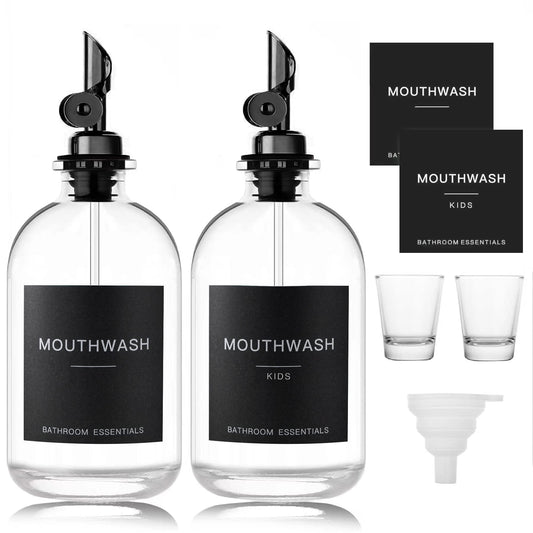 HomeFeel black glass mouthwash dispenser with cups, two-pack, front view