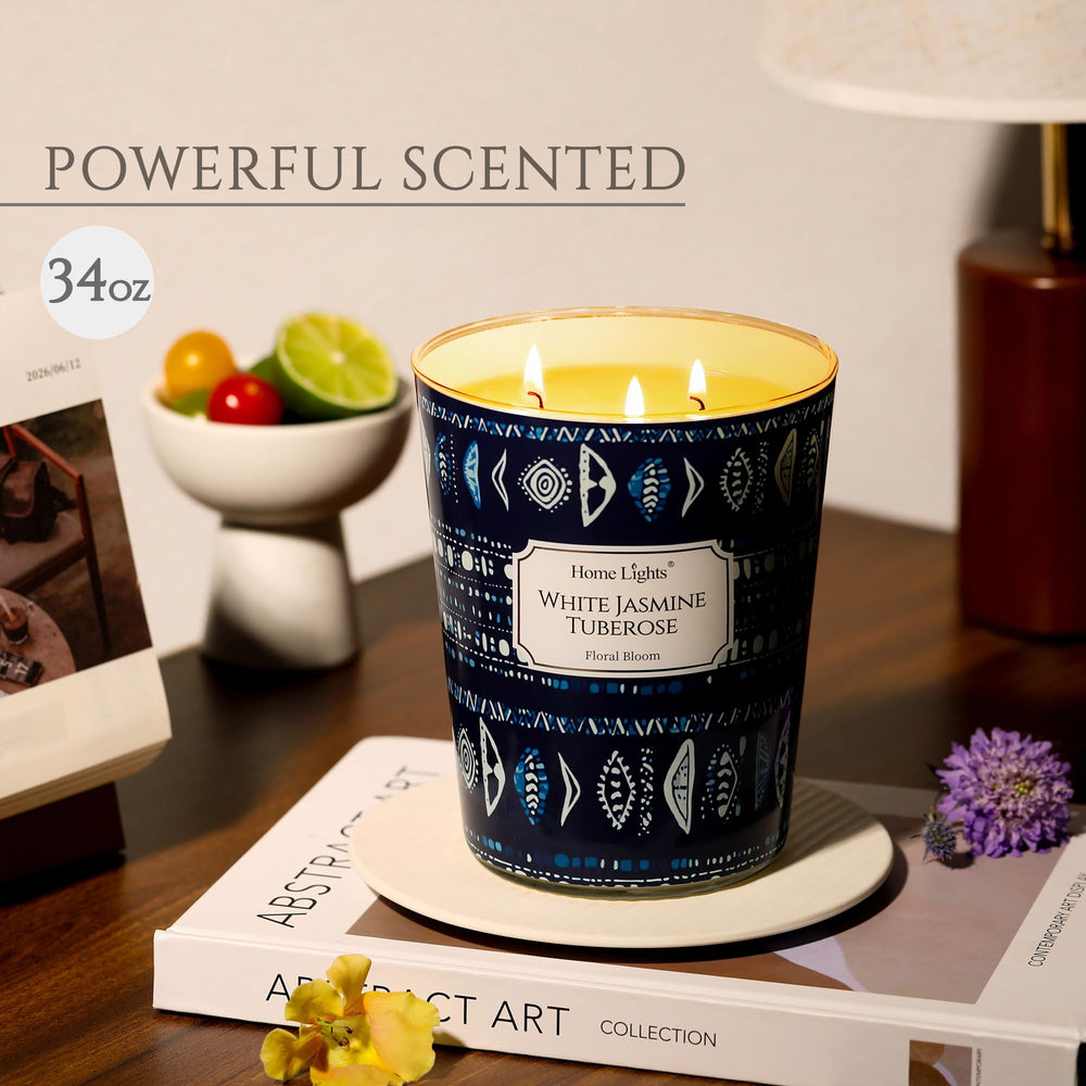 Front view of HomeLights 34oz White Jasmine Tuberose candle