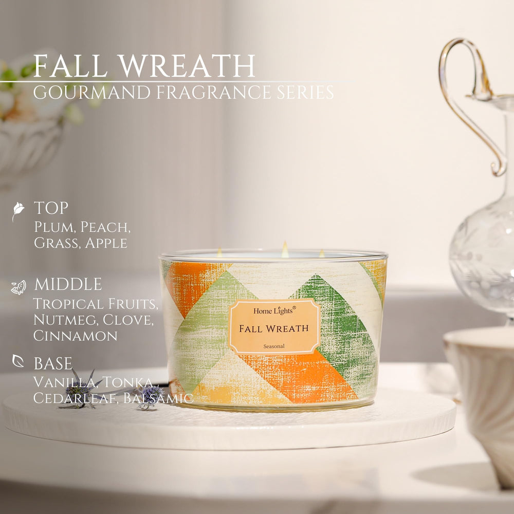 Fall Wreath fragrance notes: crisp top, warm spices, pine, autumn leaves