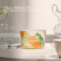 Fall Wreath fragrance notes: crisp top, warm spices, pine, autumn leaves