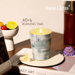 Close-up of HomeLights candle jar with lavender-eucalyptus label