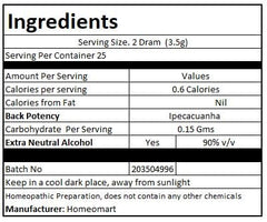 Ingredients: Ipecacuanha and sucrose used in pellets