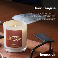 Close-up of tobacco and tonka notes on Homesick Beer League candle