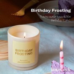 Close-up of Birthday Frosting candle label on Homesick jar