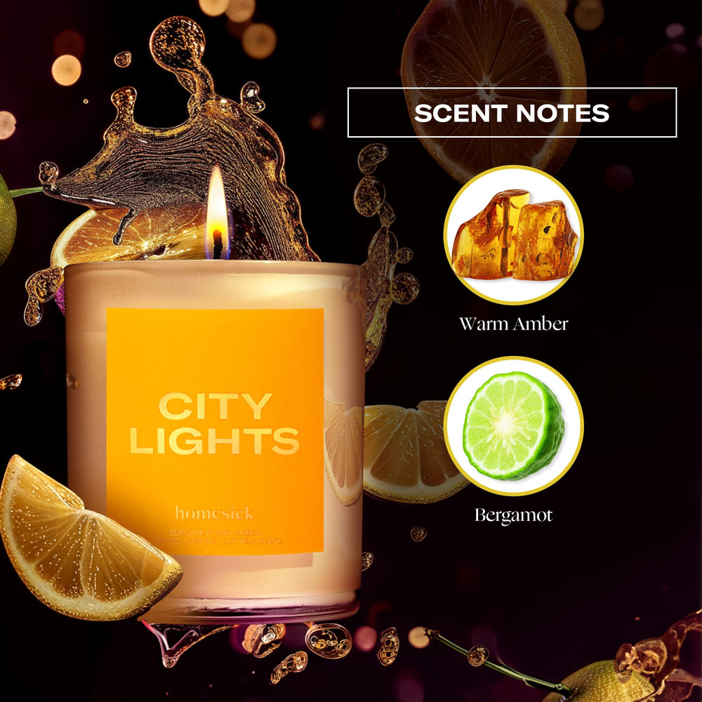 Close-up of the Homesick City Lights candle label