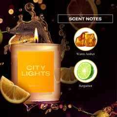 Close-up of the Homesick City Lights candle label