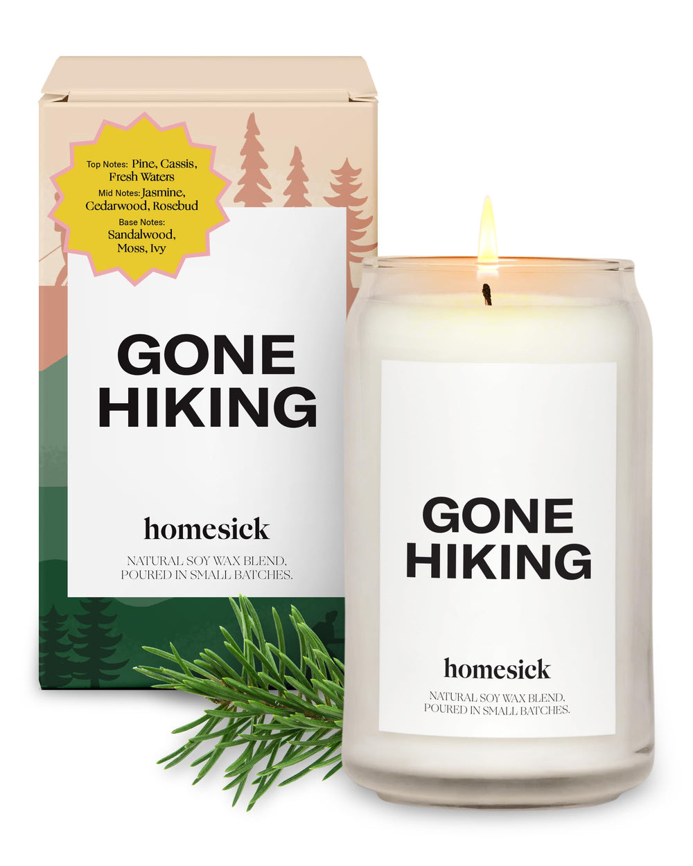Homesick Gone Hiking 13.75 oz candle in jar with pine forest background