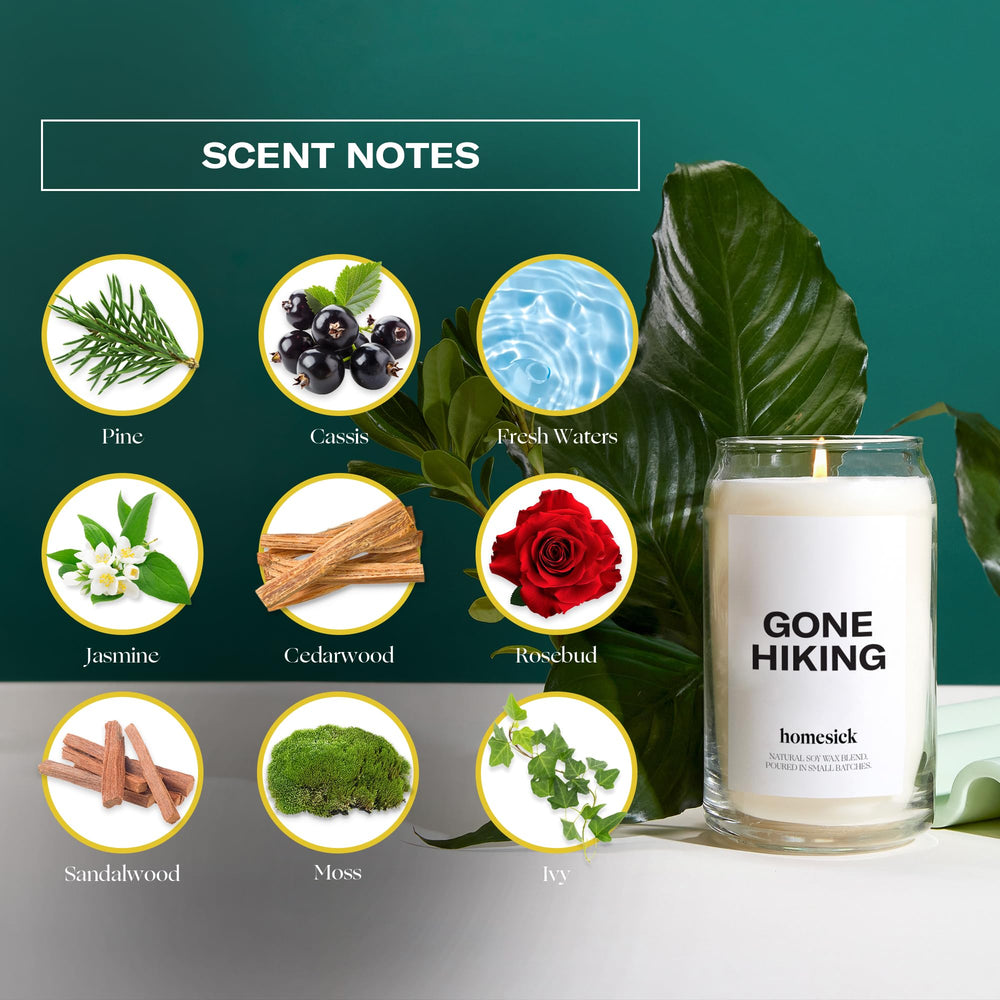 Candle with lid and Homesick branding for Gone Hiking scent