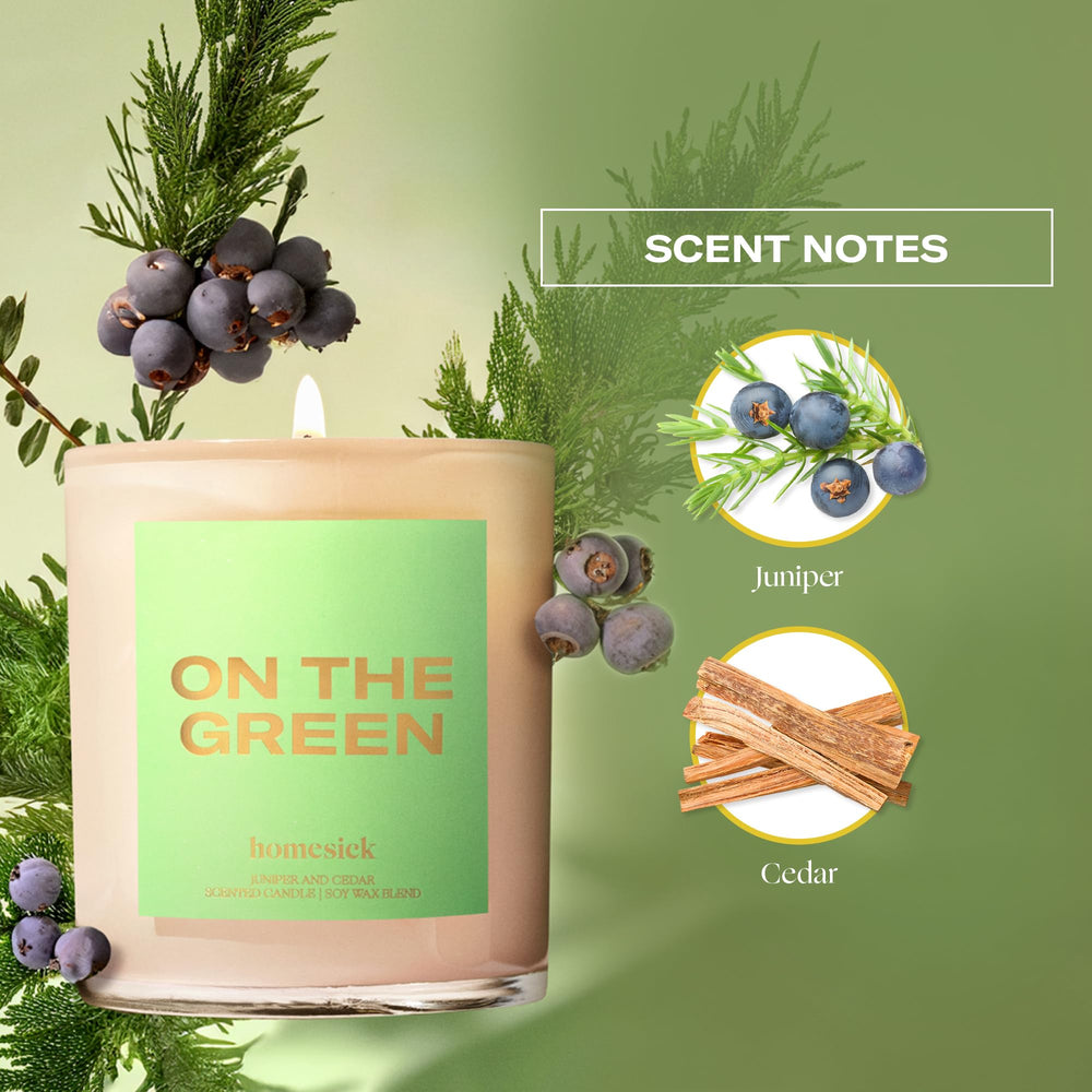 Close-up of the Homesick On The Green label showing juniper and cedar notes