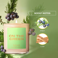 Close-up of the Homesick On The Green label showing juniper and cedar notes