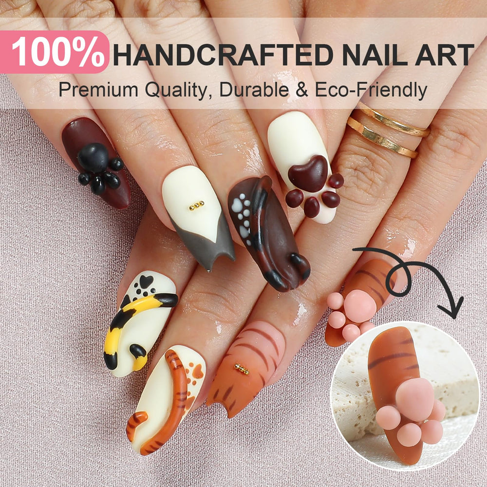 Homsera 3D kitten design nails close-up for stylish party wear.