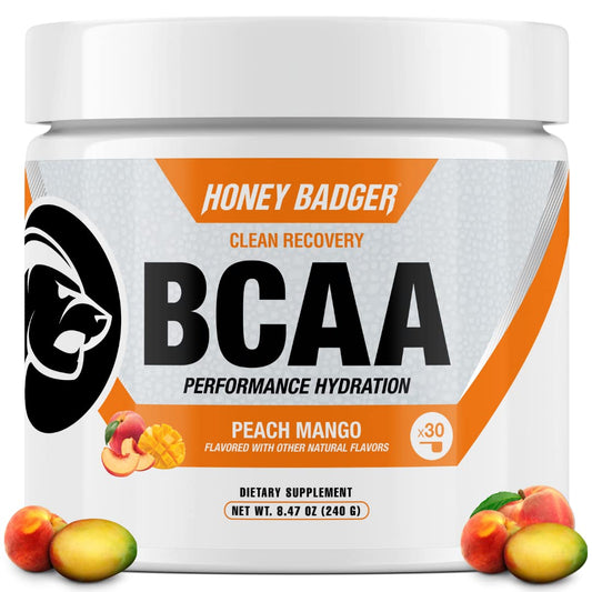 Honey Badger BCAA + EAA Peach Mango powder container with scoop