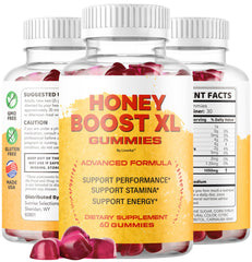 Product shot of Honey Boost XL Gummies on a table